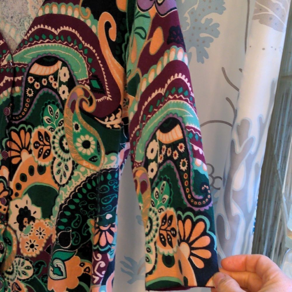 Isaac Mizrahi Live! Purple Paisley Cardigan Sweater 3/4 Length Sleeves, Sz S - Picture 10 of 11